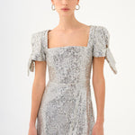Asymmetric Cut Sequin Midi Evening Dress with Bow Detail Sleeves - 9142C