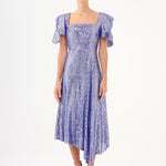 Asymmetric Cut Sequin Midi Evening Dress with Bow Detail Sleeves - 9142C