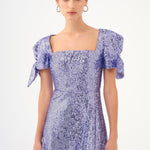 Asymmetric Cut Sequin Midi Evening Dress with Bow Detail Sleeves - 9142C