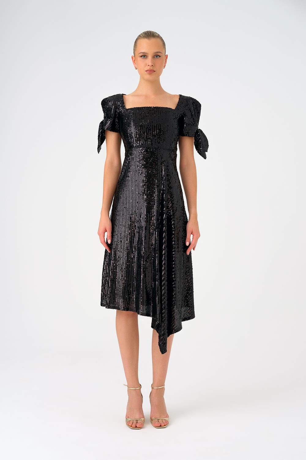 Asymmetric Cut Sequin Midi Evening Dress with Bow Detail Sleeves - 9142C