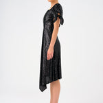 Asymmetric Cut Sequin Midi Evening Dress with Bow Detail Sleeves - 9142C