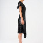 Asymmetric Cut Sequin Midi Evening Dress with Bow Detail Sleeves - 9142C
