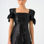 Asymmetric Cut Sequin Midi Evening Dress with Bow Detail Sleeves - 9142C
