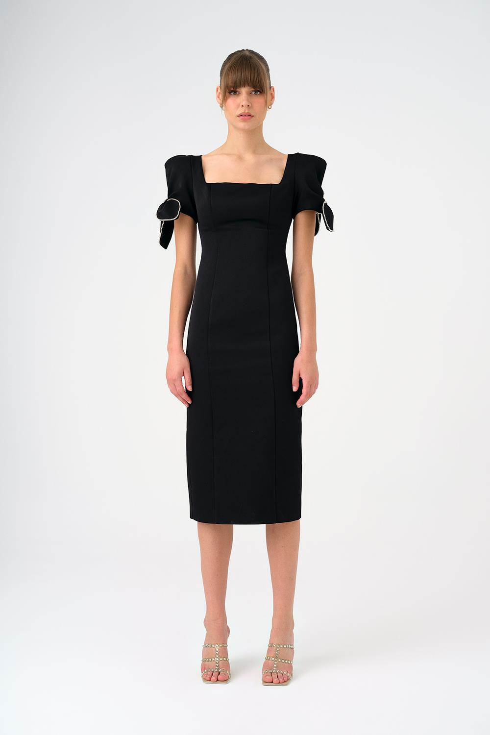 Bow Detailed Sleeves Square Neck Midi Evening Dress - 9143C