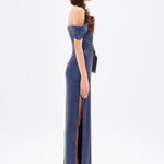 Sequined Long Evening Dress with Bow Detail - 9055C