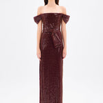 Sequined Long Evening Dress with Bow Detail - 9055C