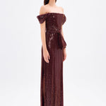 Sequined Long Evening Dress with Bow Detail - 9055C