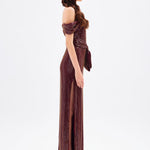 Sequined Long Evening Dress with Bow Detail - 9055C