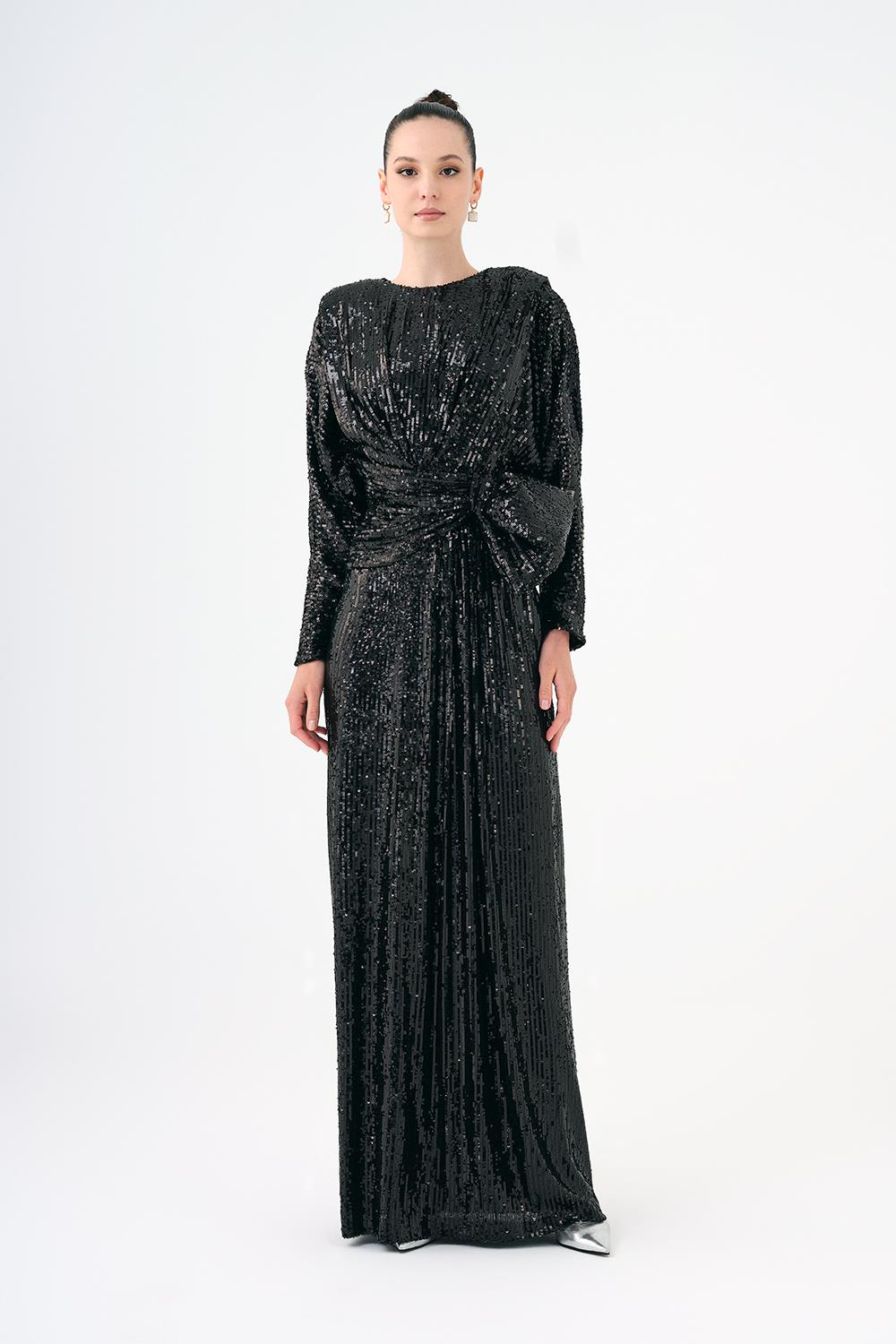 Sequined Long Sleeve Evening Dress with Bow Detail - 9091C