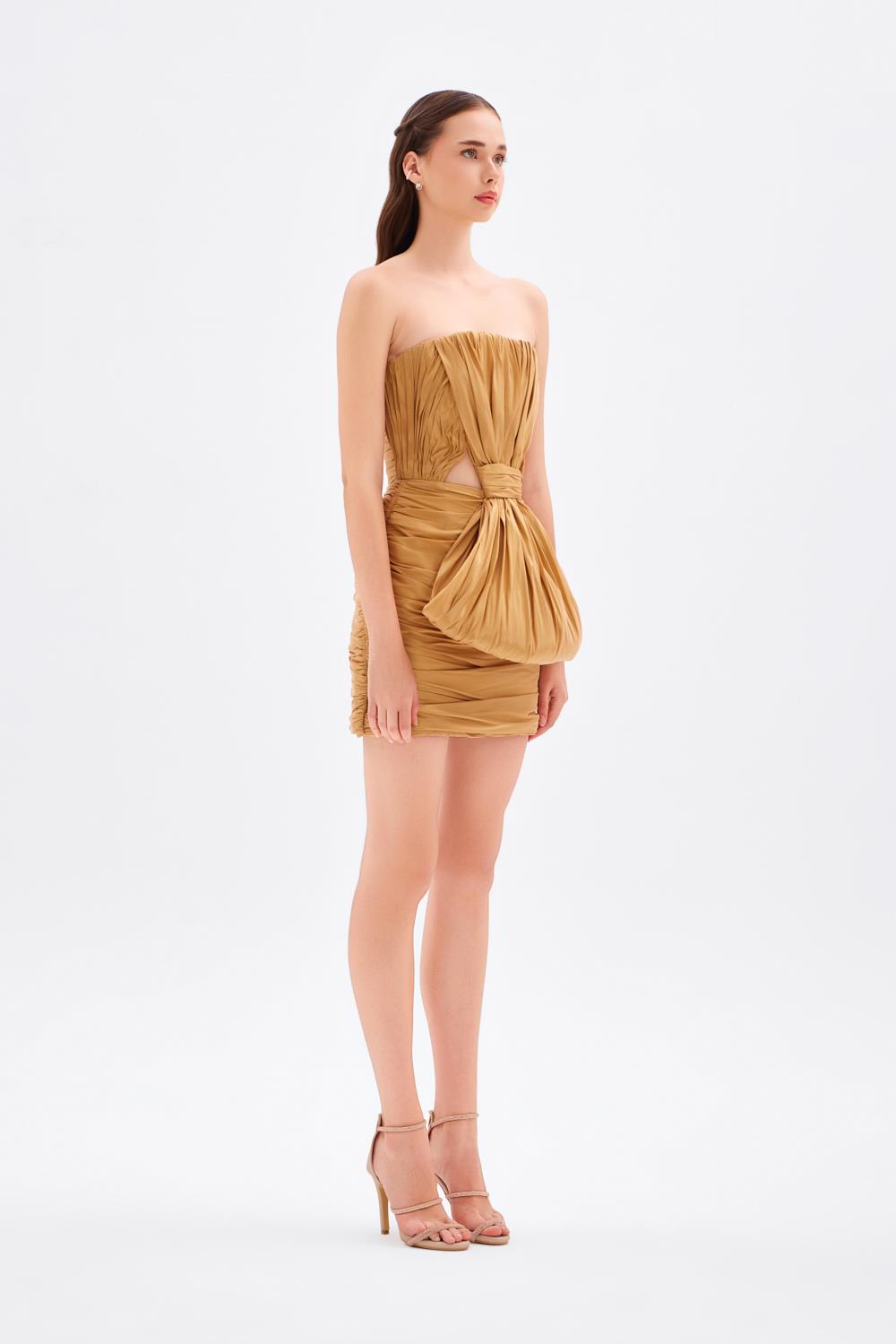 Fiyonk Detaylı Straplez Mini Abiye Elbise - 9028C - GOLD