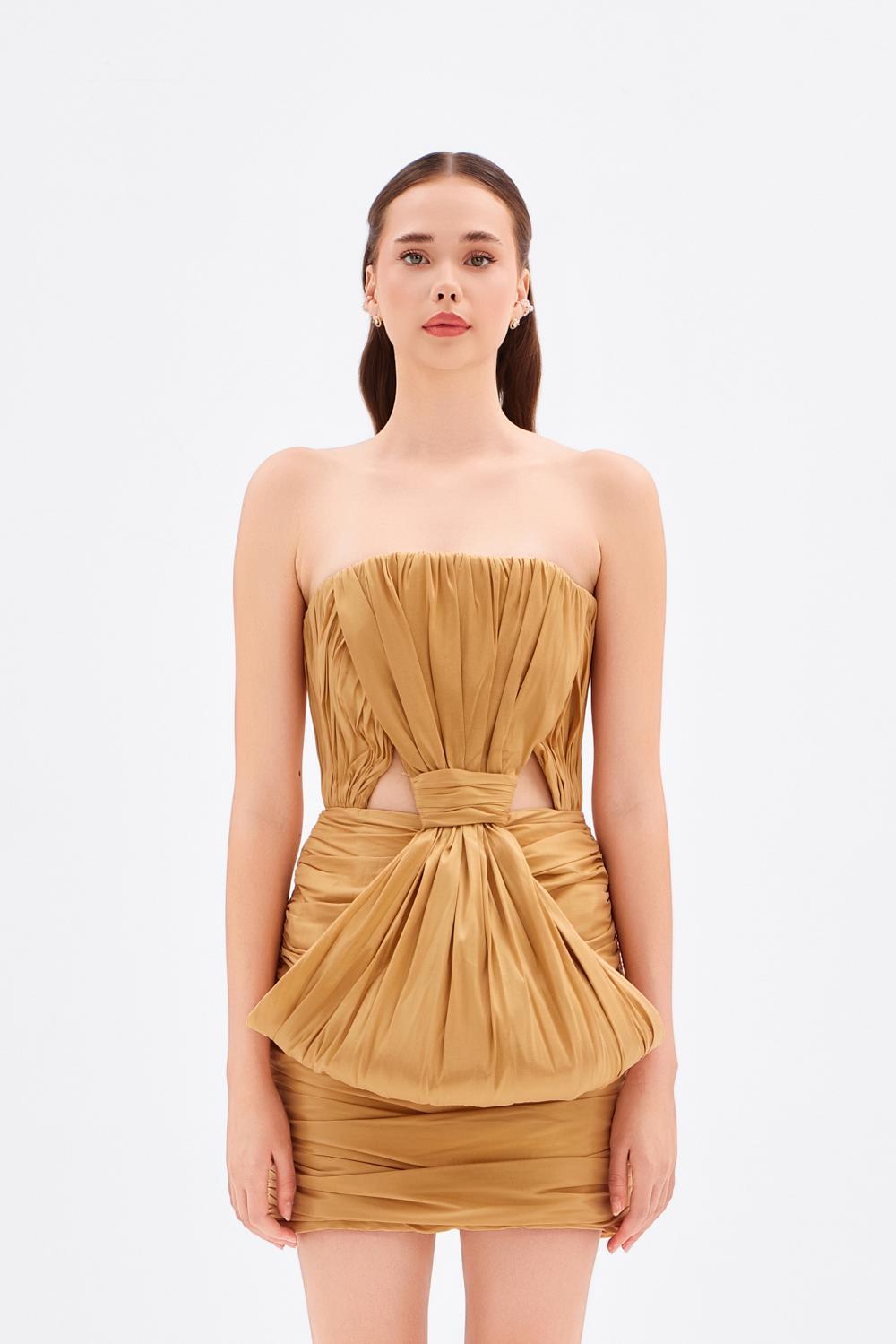 Fiyonk Detaylı Straplez Mini Abiye Elbise - 9028C - GOLD