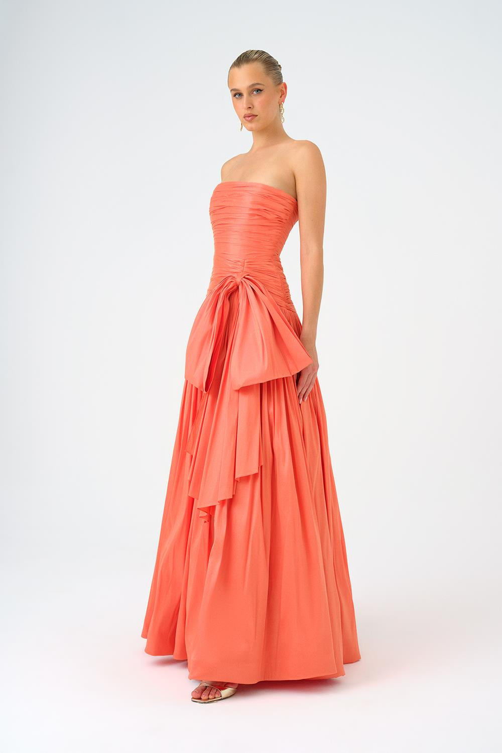 Strapless Collar Taffeta Long Evening Dress with Bow Detail - 9173C