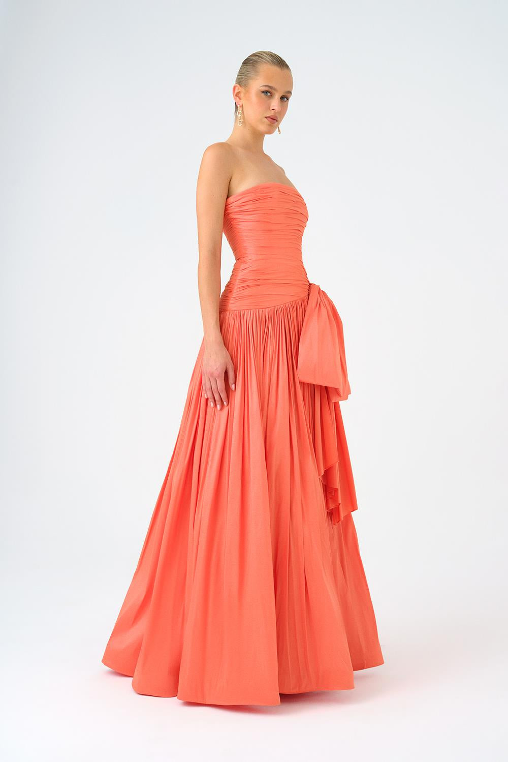 Strapless Collar Taffeta Long Evening Dress with Bow Detail - 9173C