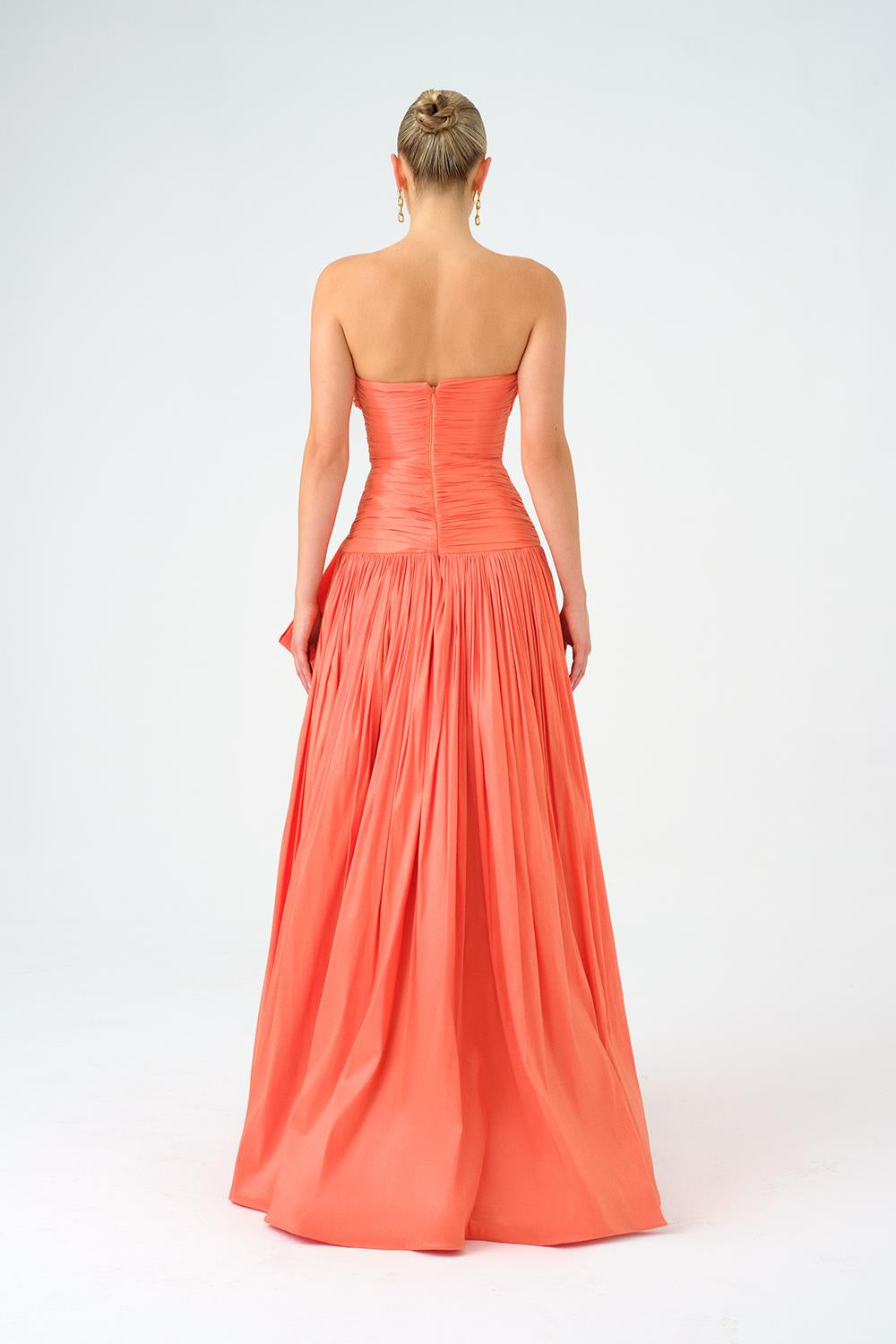 Strapless Collar Taffeta Long Evening Dress with Bow Detail - 9173C