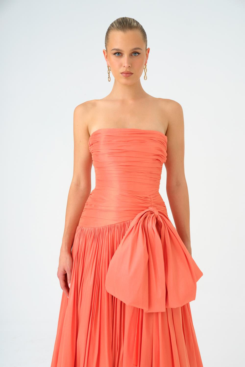 Strapless Collar Taffeta Long Evening Dress with Bow Detail - 9173C