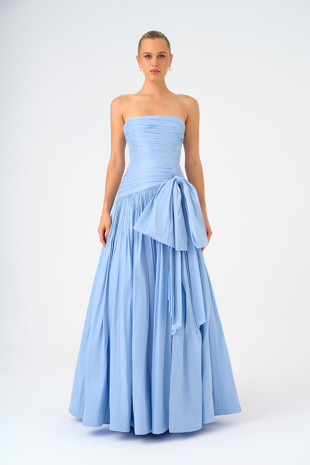 Strapless Collar Taffeta Long Evening Dress with Bow Detail - 9173C