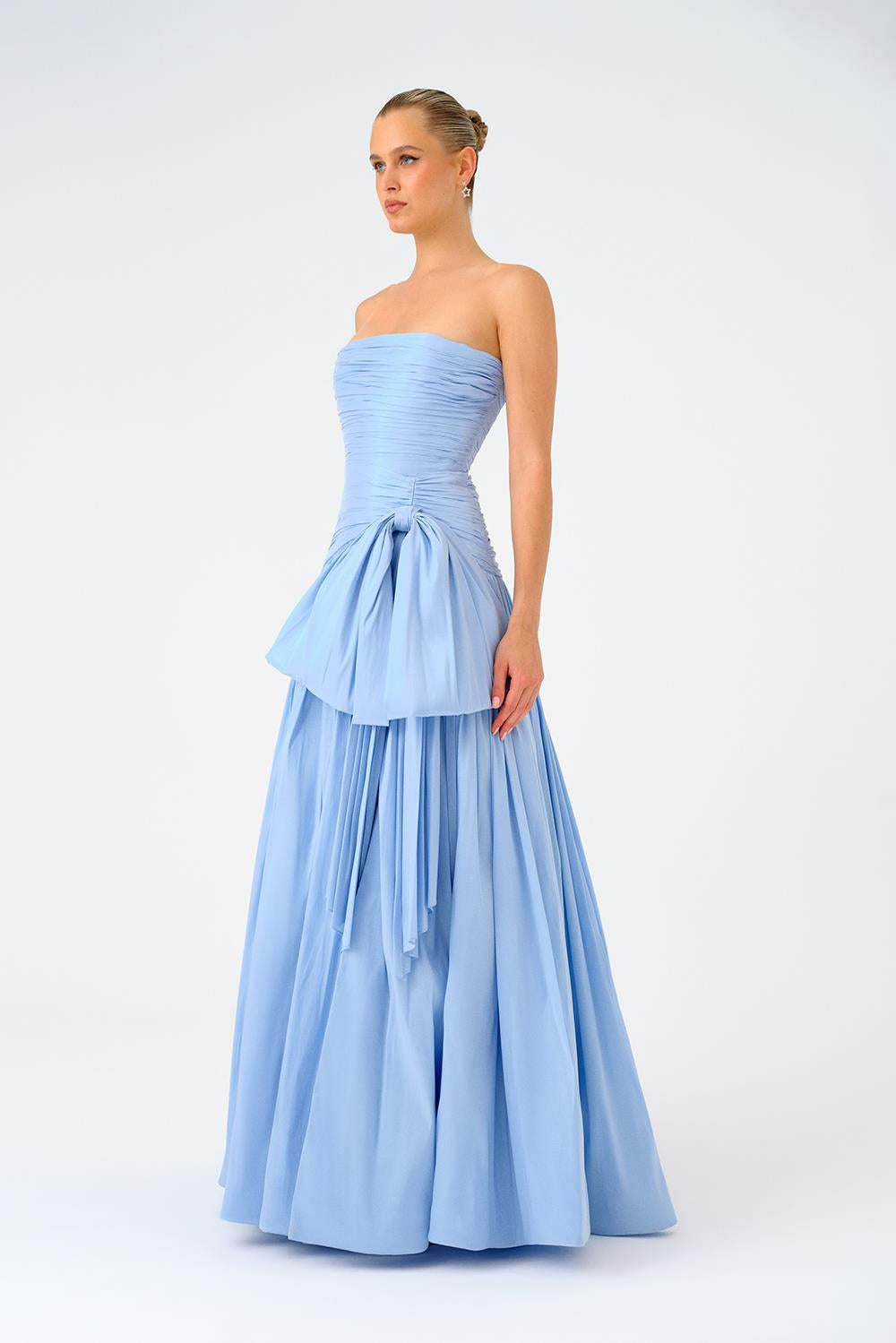 Strapless Collar Taffeta Long Evening Dress with Bow Detail - 9173C