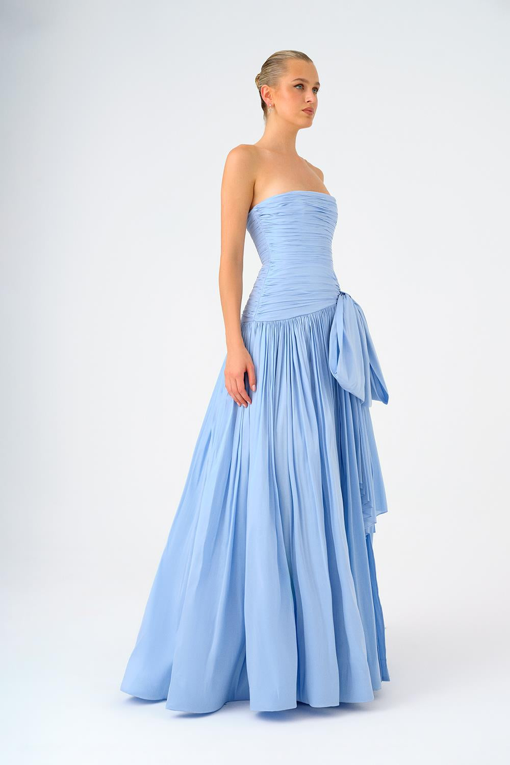 Strapless Collar Taffeta Long Evening Dress with Bow Detail - 9173C