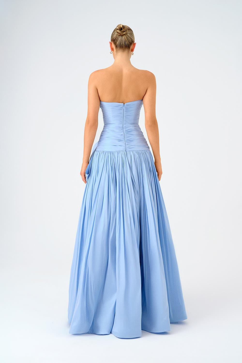 Strapless Collar Taffeta Long Evening Dress with Bow Detail - 9173C