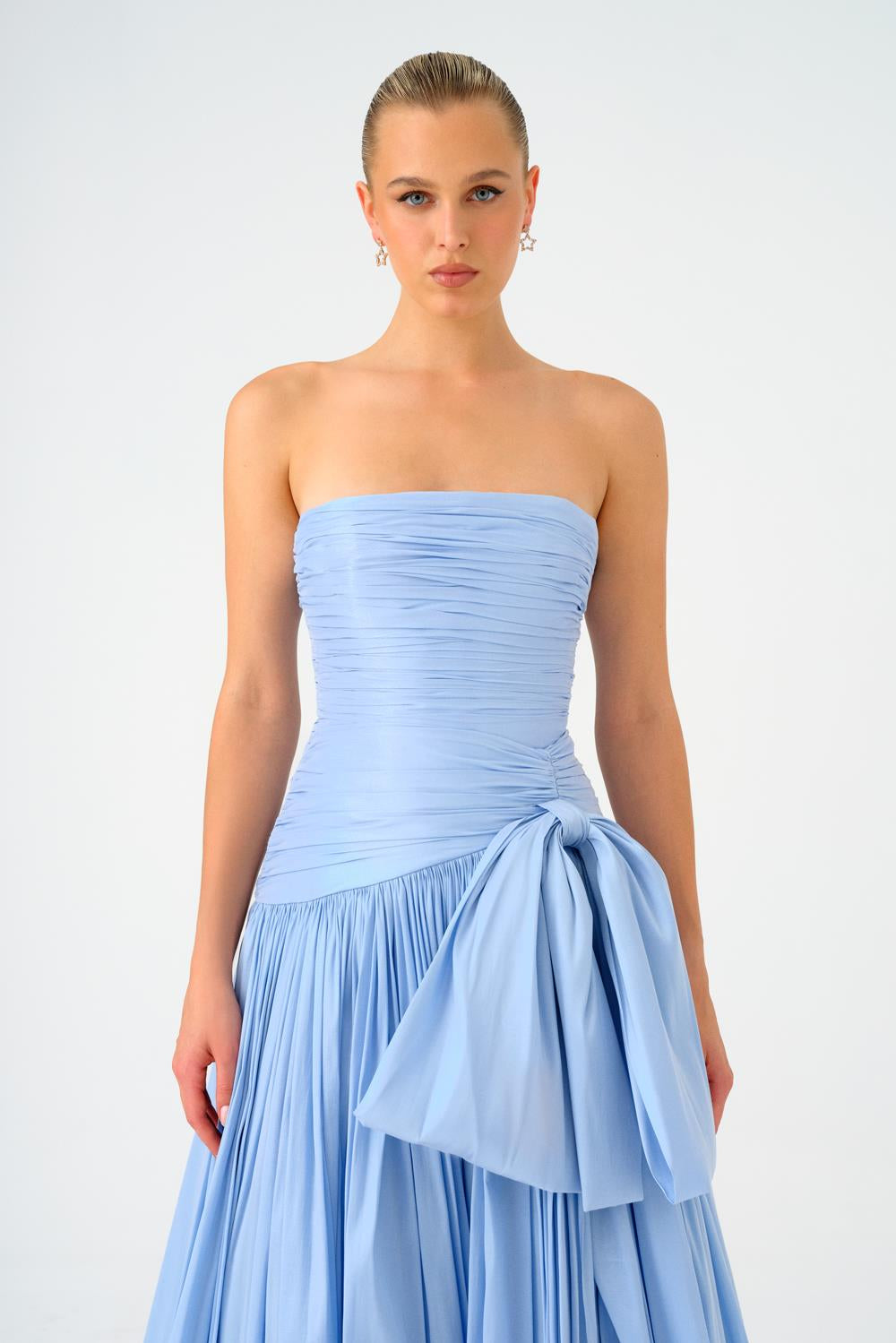 Strapless Collar Taffeta Long Evening Dress with Bow Detail - 9173C