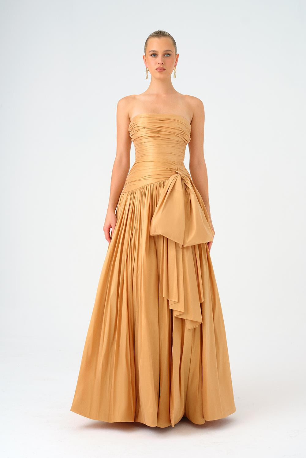Strapless Collar Taffeta Long Evening Dress with Bow Detail - 9173C