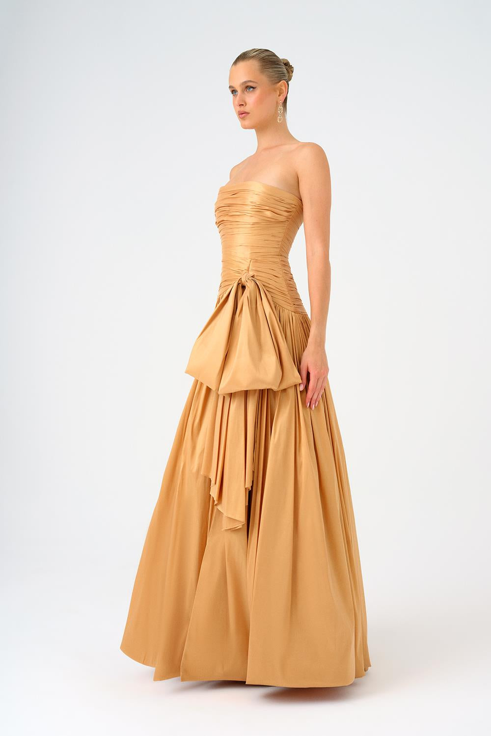 Strapless Collar Taffeta Long Evening Dress with Bow Detail - 9173C