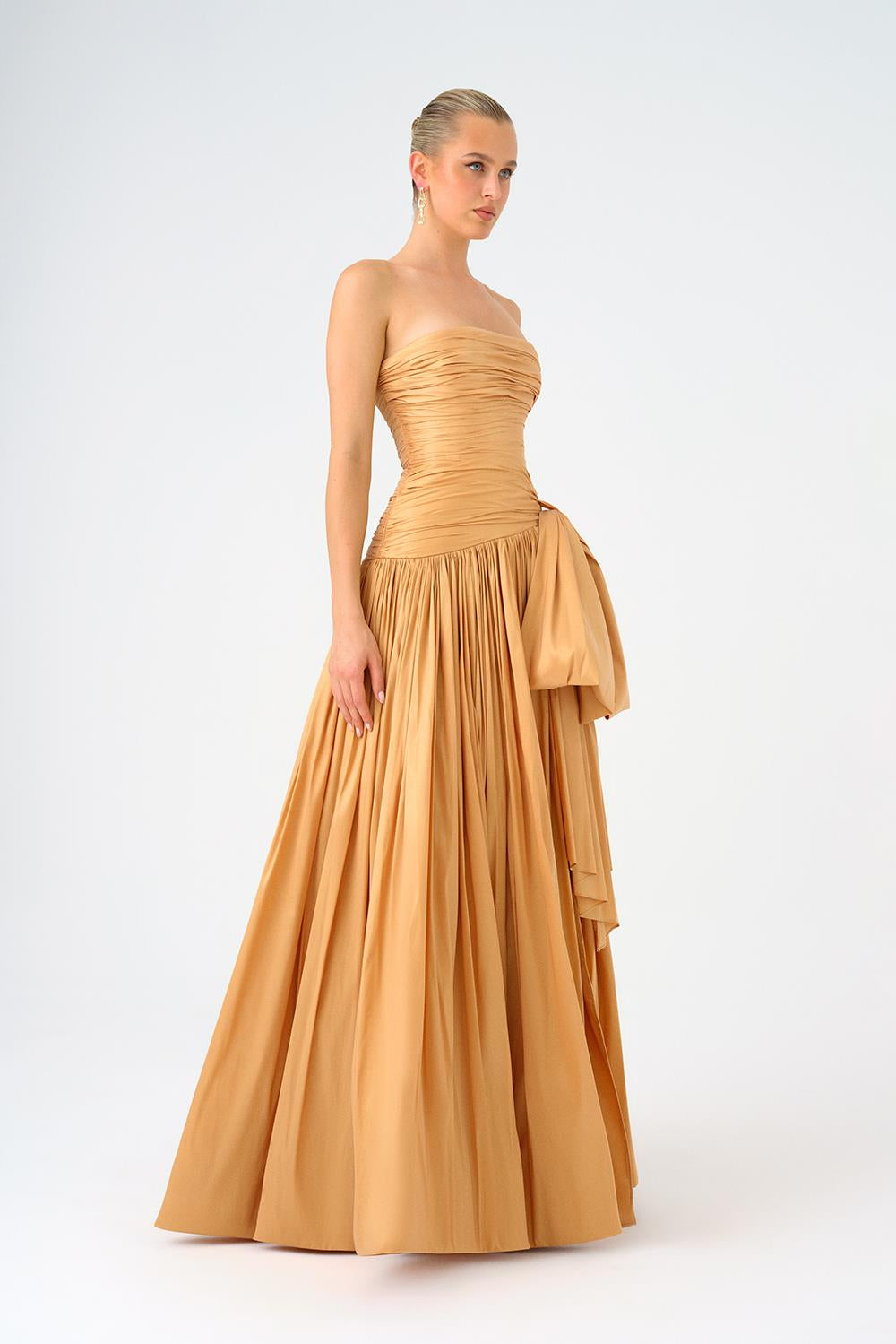Strapless Collar Taffeta Long Evening Dress with Bow Detail - 9173C