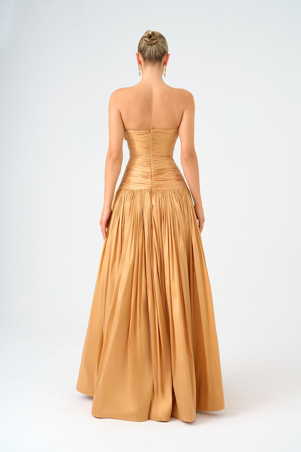 Strapless Collar Taffeta Long Evening Dress with Bow Detail - 9173C