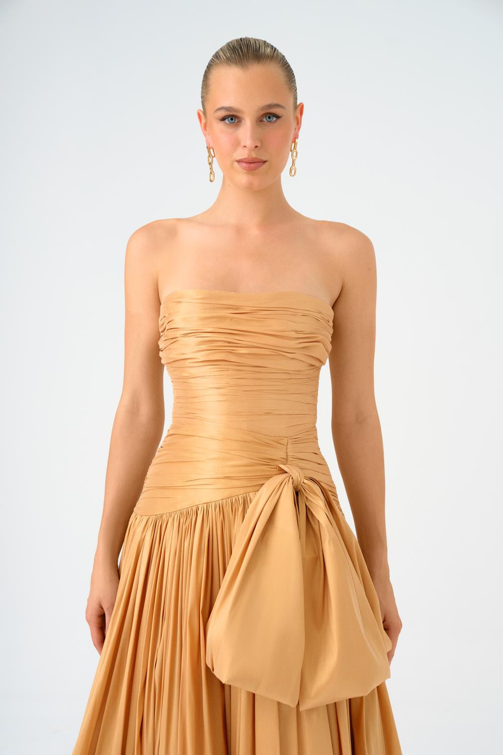 Strapless Collar Taffeta Long Evening Dress with Bow Detail - 9173C