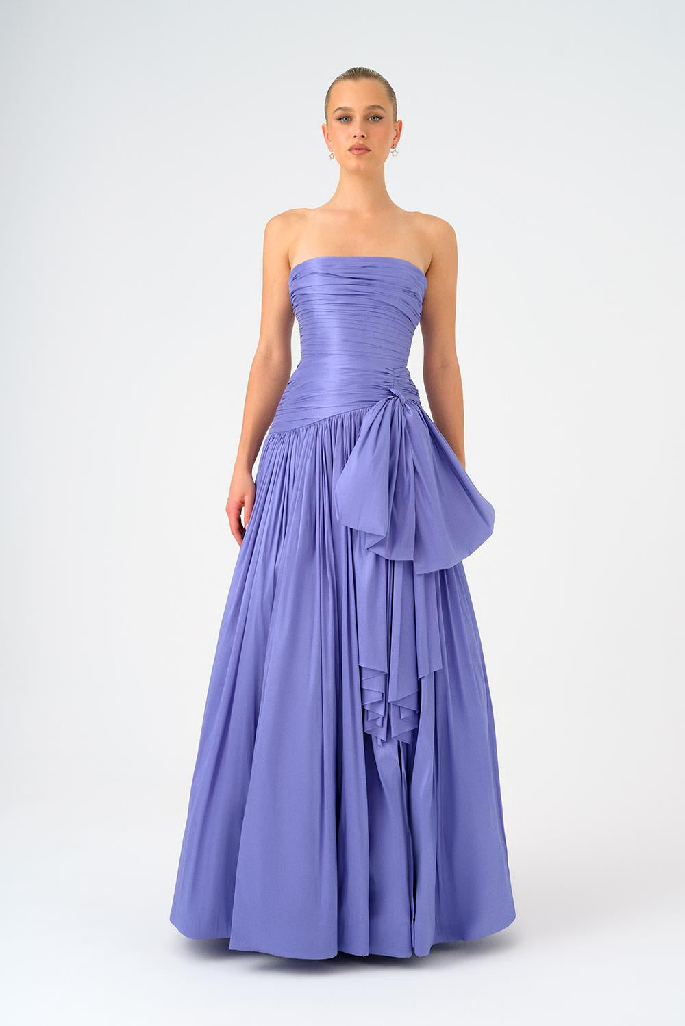 Strapless Collar Taffeta Long Evening Dress with Bow Detail - 9173C