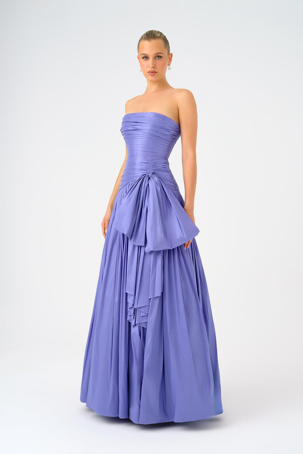 Strapless Collar Taffeta Long Evening Dress with Bow Detail - 9173C
