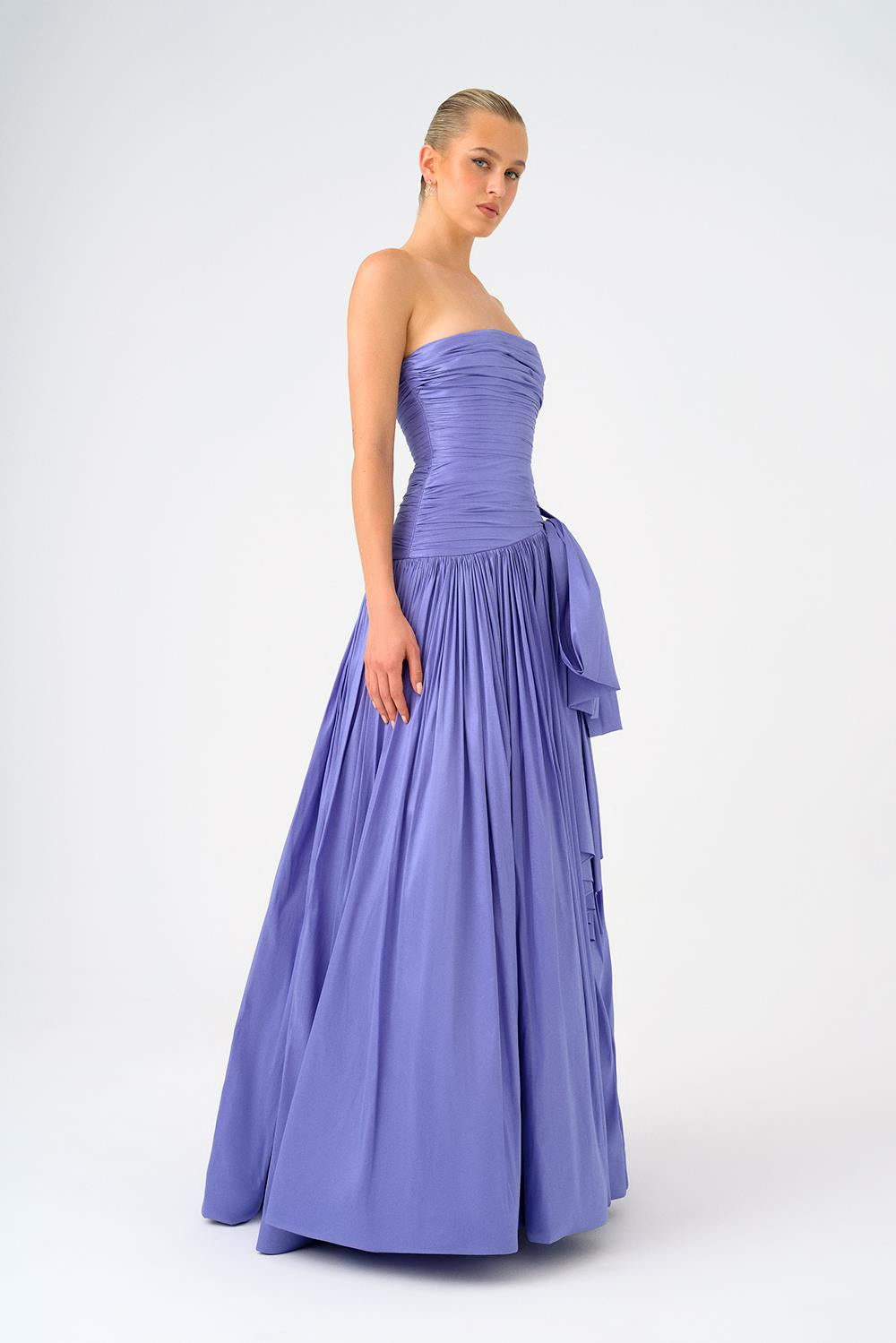 Strapless Collar Taffeta Long Evening Dress with Bow Detail - 9173C