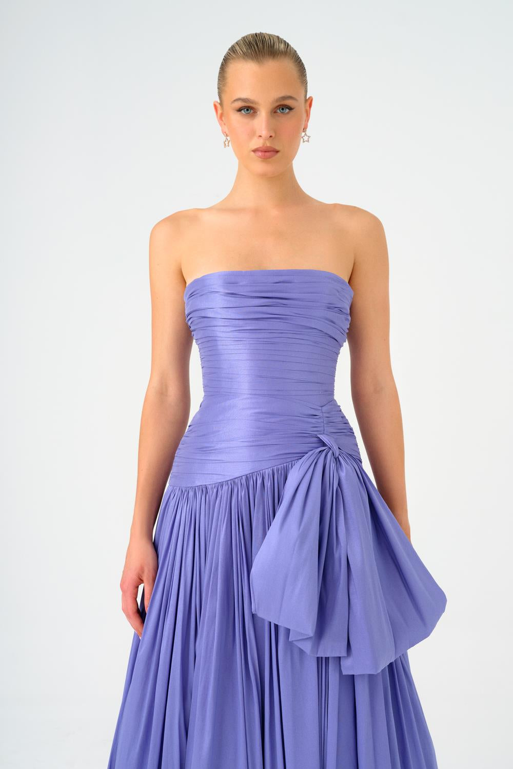 Strapless Collar Taffeta Long Evening Dress with Bow Detail - 9173C