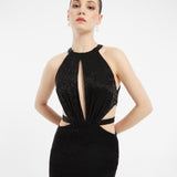 Göğüs Dekolteli İşlemeli Uzun Abiye Elbise - 1009C - SİYAH