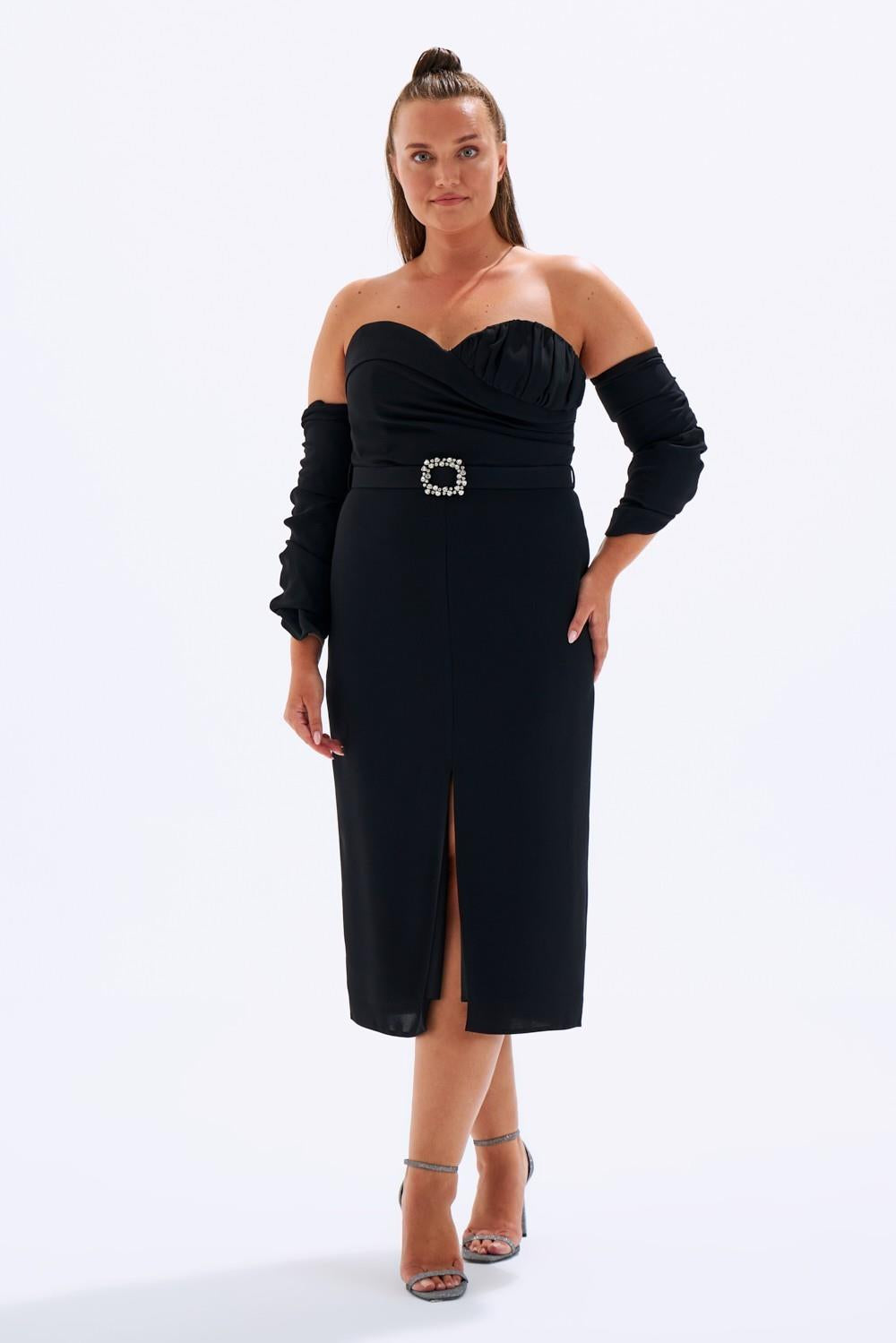 Bust Detailed Belted Plus Size Evening Dress - 6005C