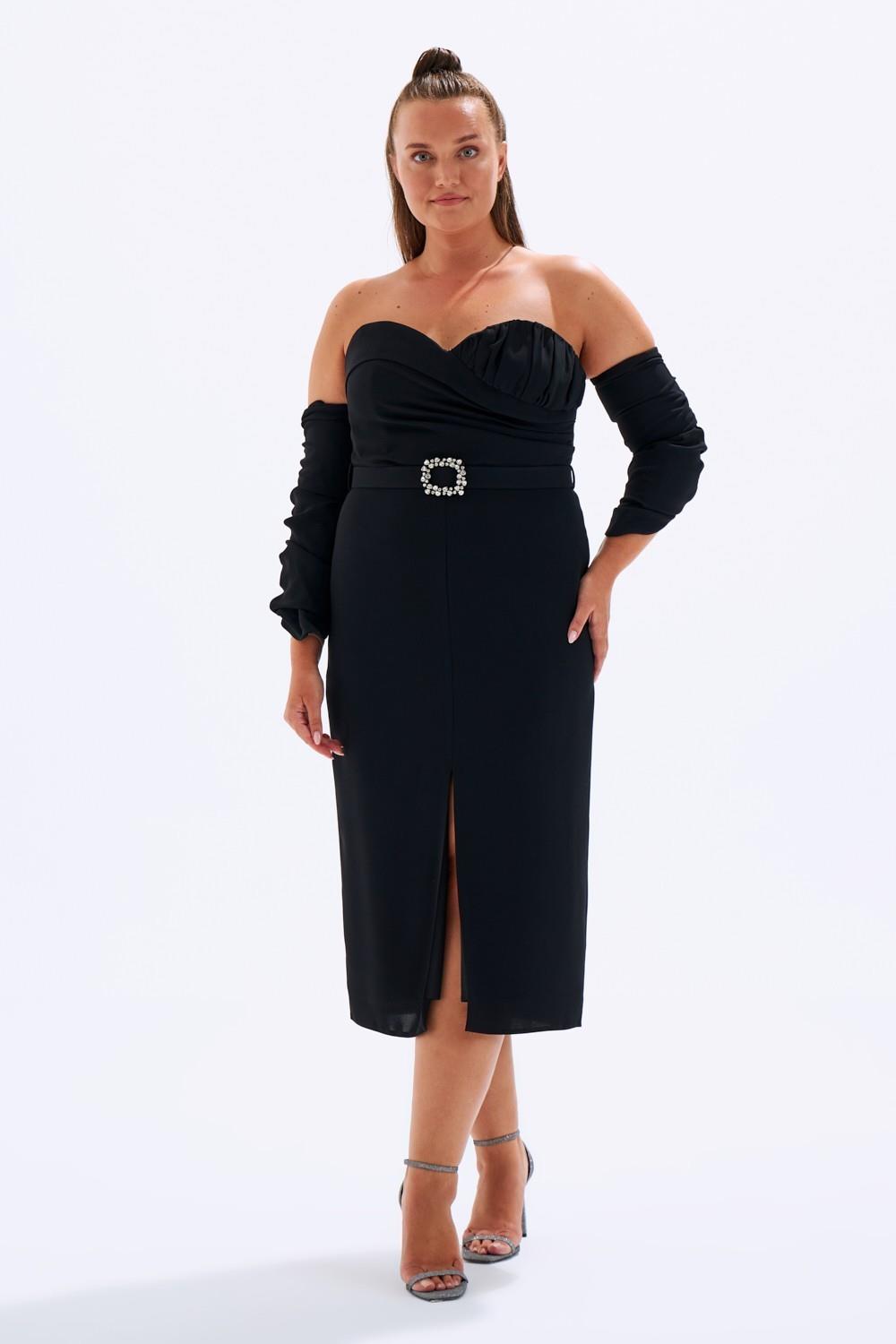 Bust Detailed Belted Plus Size Evening Dress - 6005C