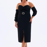Bust Detailed Belted Plus Size Evening Dress - 6005C