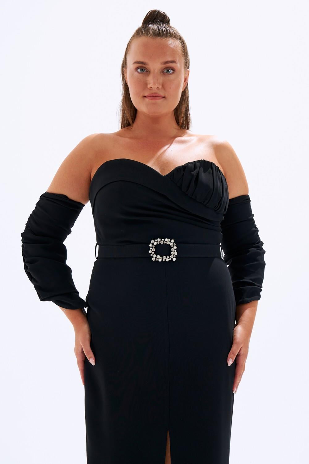 Bust Detailed Belted Plus Size Evening Dress - 6005C