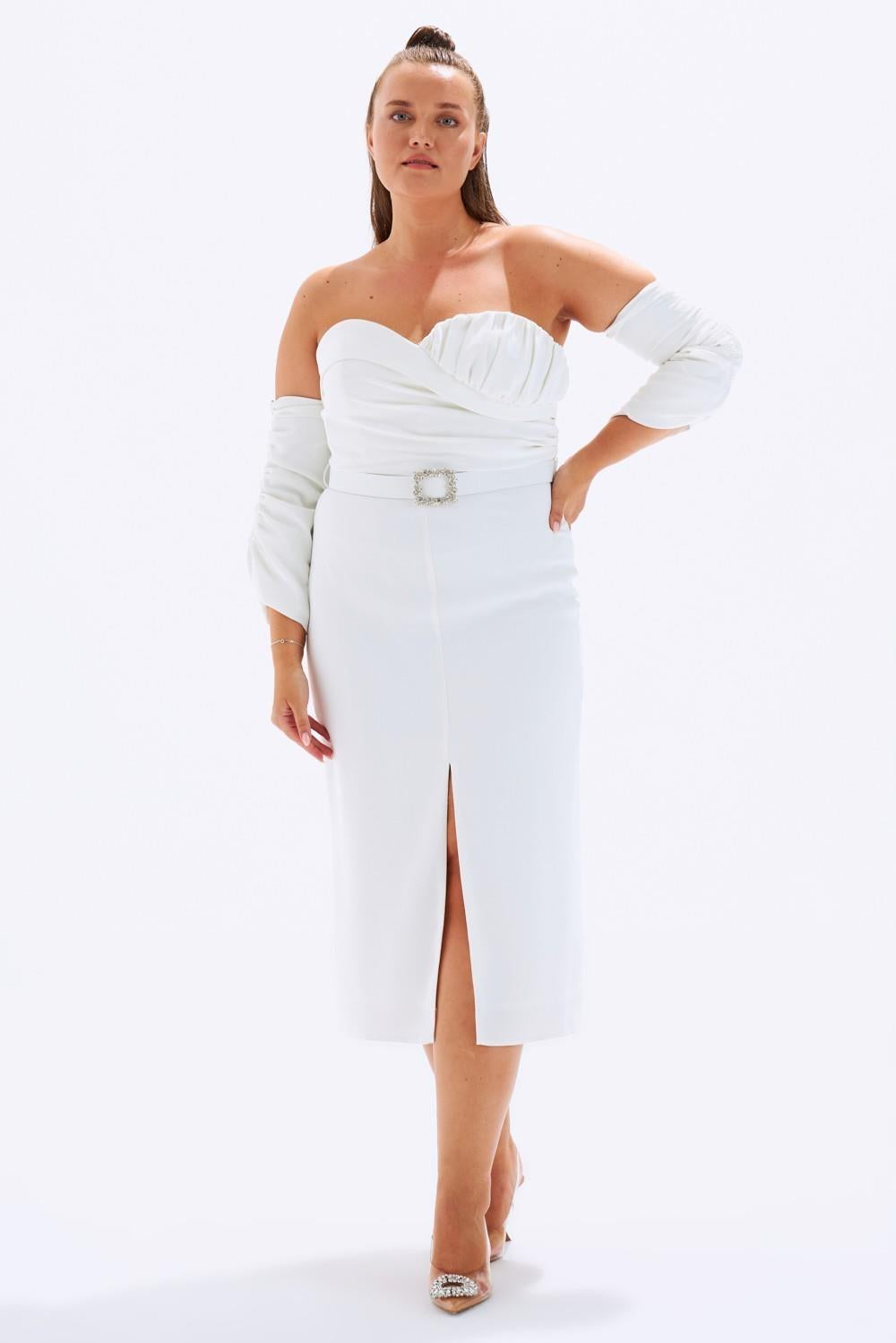 Bust Detailed Belted Plus Size Evening Dress - 6005C