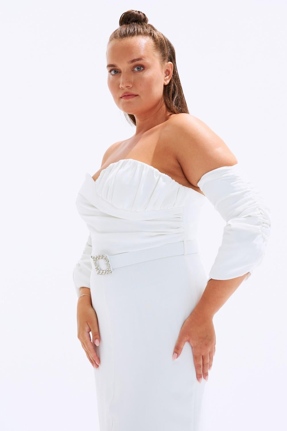 Bust Detailed Belted Plus Size Evening Dress - 6005C