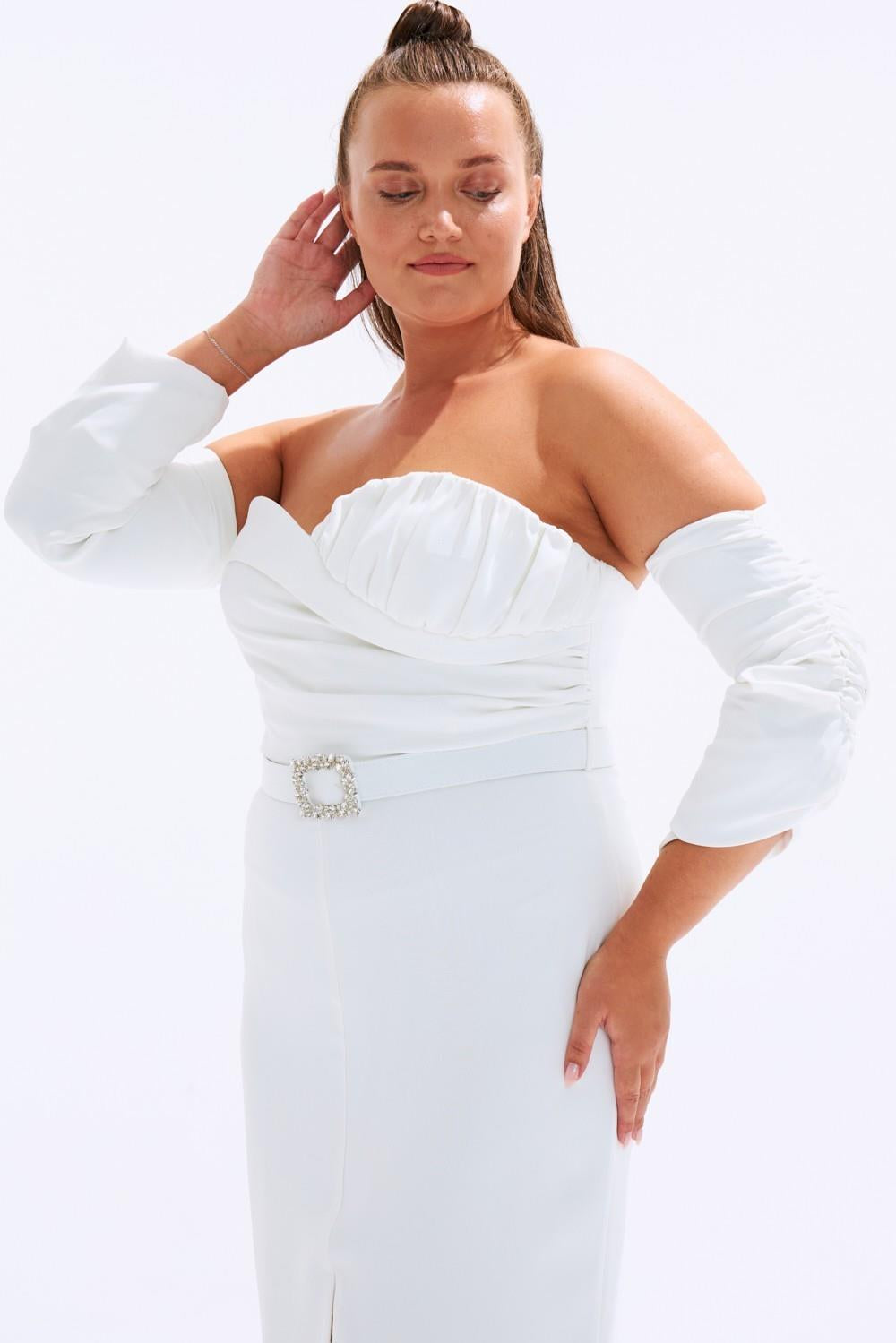 Bust Detailed Belted Plus Size Evening Dress - 6005C