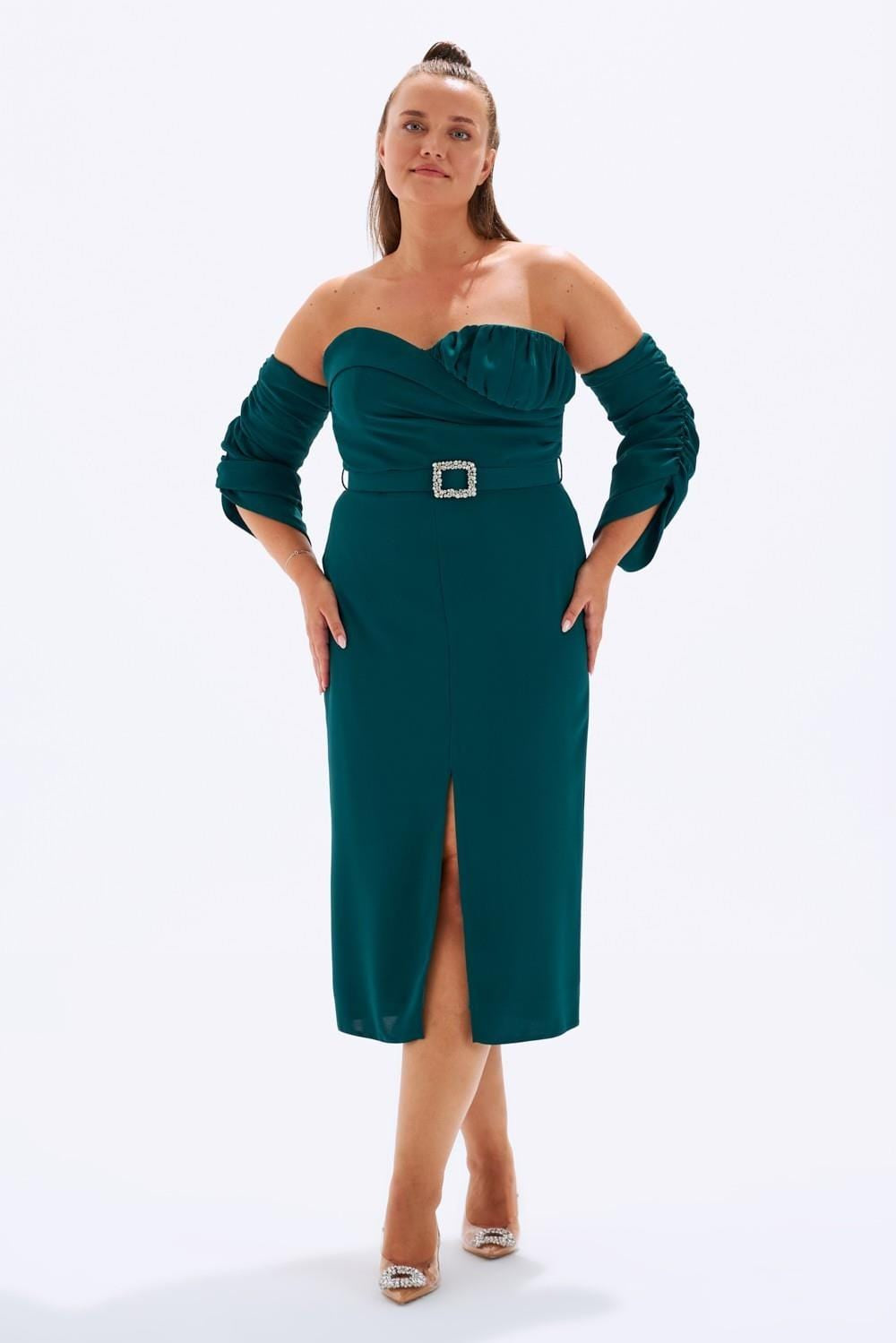 Bust Detailed Belted Plus Size Evening Dress - 6005C