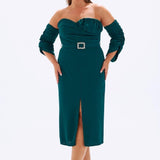 Bust Detailed Belted Plus Size Evening Dress - 6005C