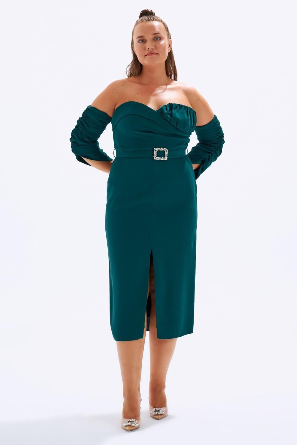 Bust Detailed Belted Plus Size Evening Dress - 6005C