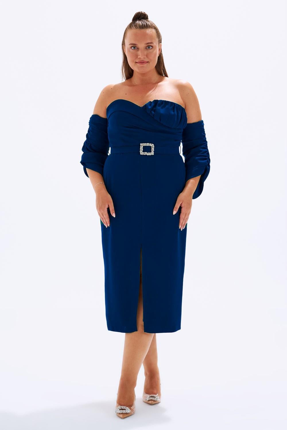 Bust Detailed Belted Plus Size Evening Dress - 6005C