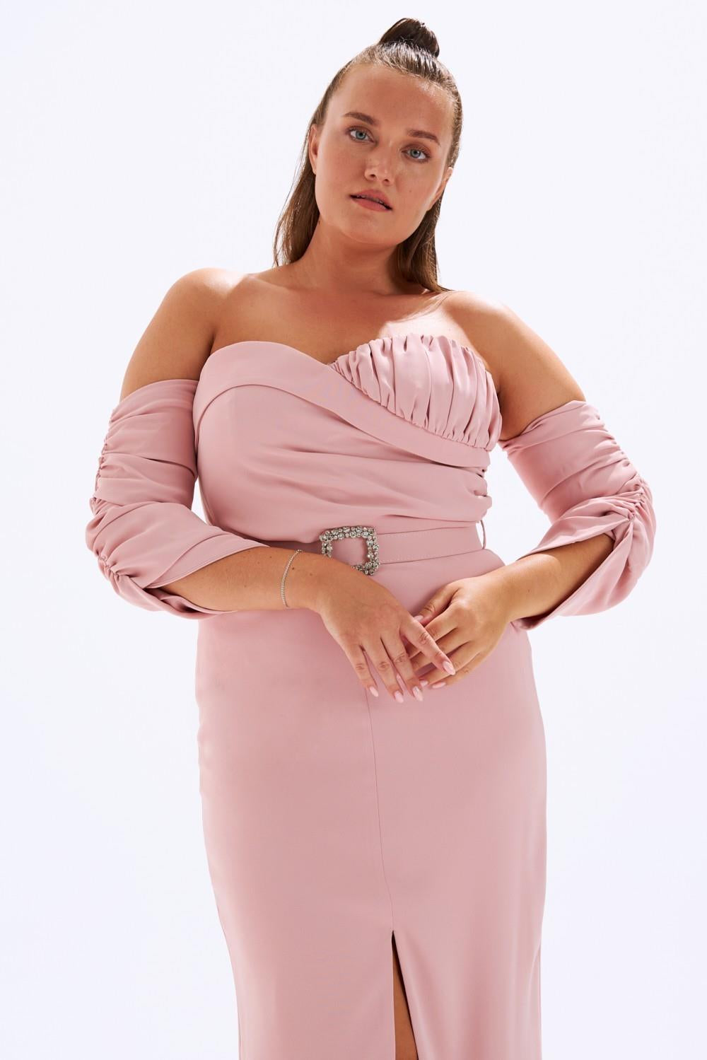 Bust Detailed Belted Plus Size Evening Dress - 6005C