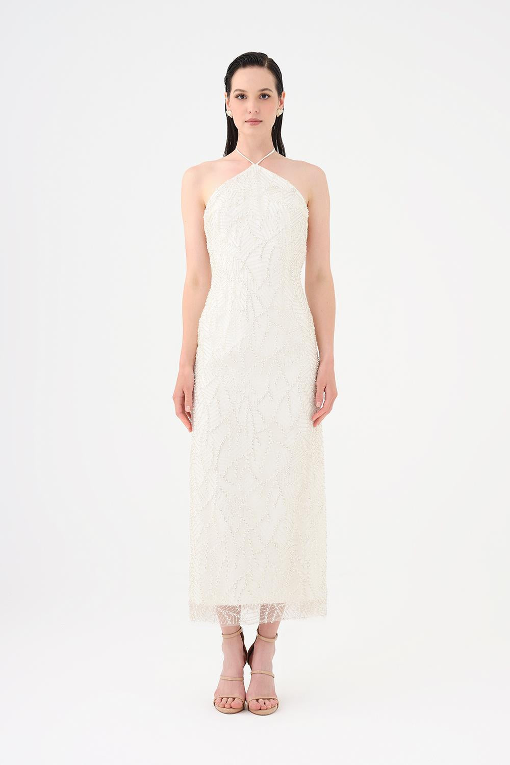 Pearl Detailed Halter Neck Midi Evening Dress - 9150C