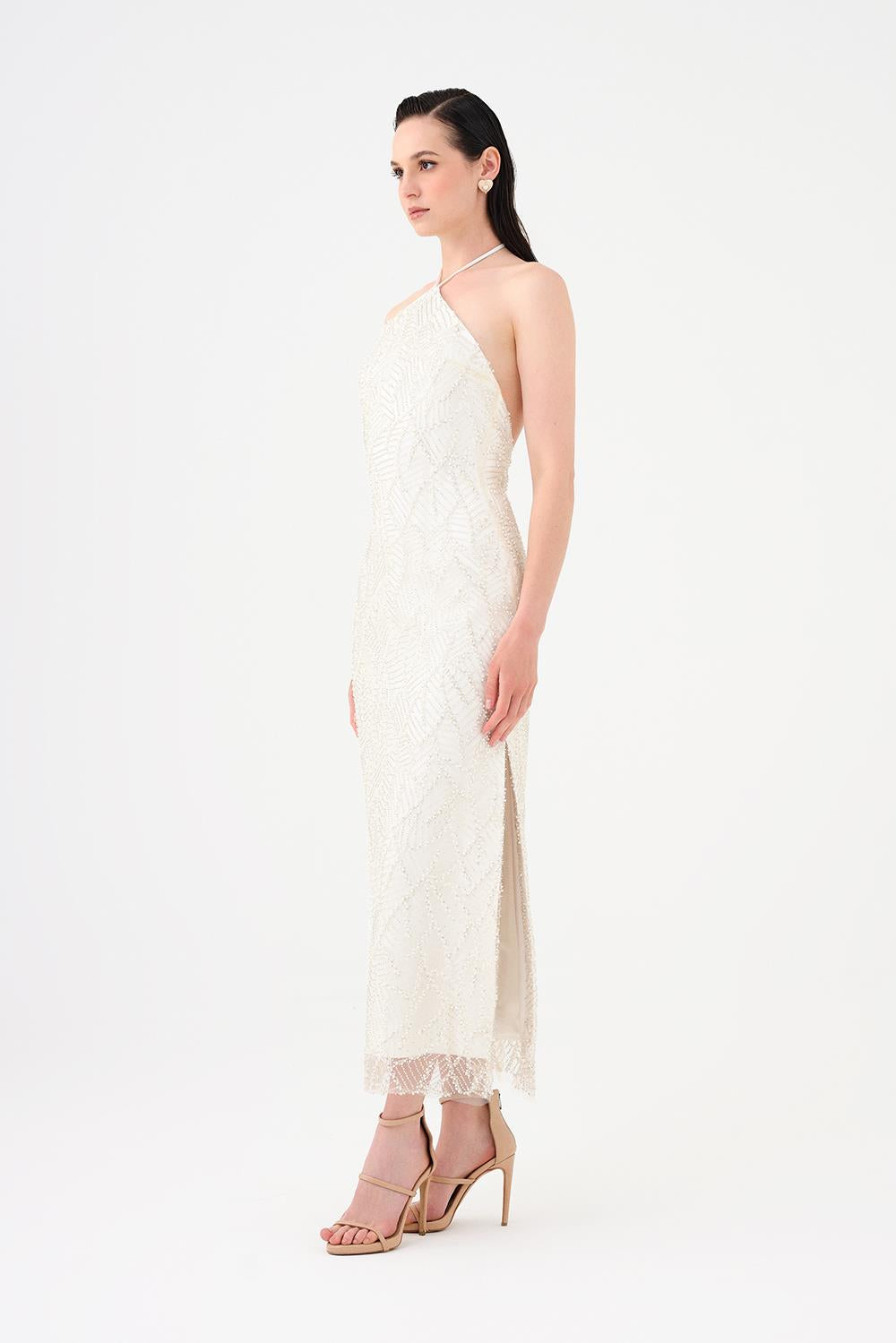 Pearl Detailed Halter Neck Midi Evening Dress - 9150C