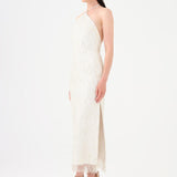 Pearl Detailed Halter Neck Midi Evening Dress - 9150C