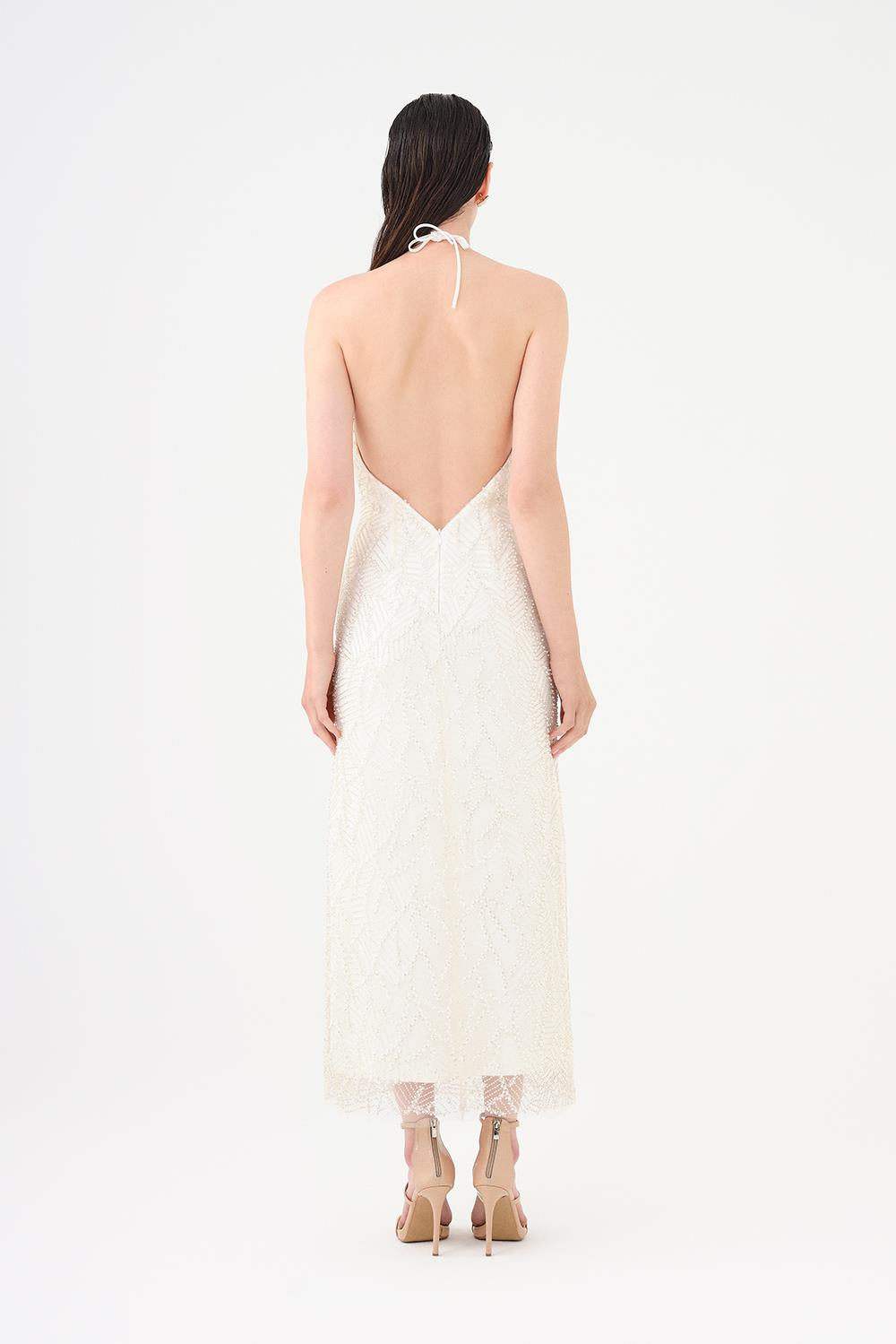Pearl Detailed Halter Neck Midi Evening Dress - 9150C